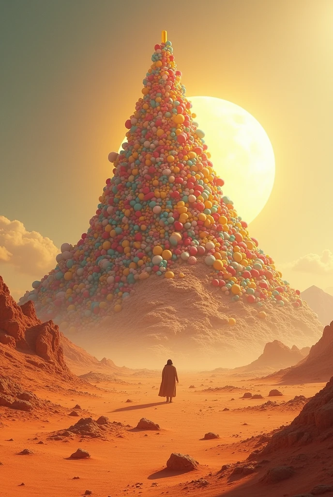 Show a mountain of pills in the desert with a hot sun in the background.