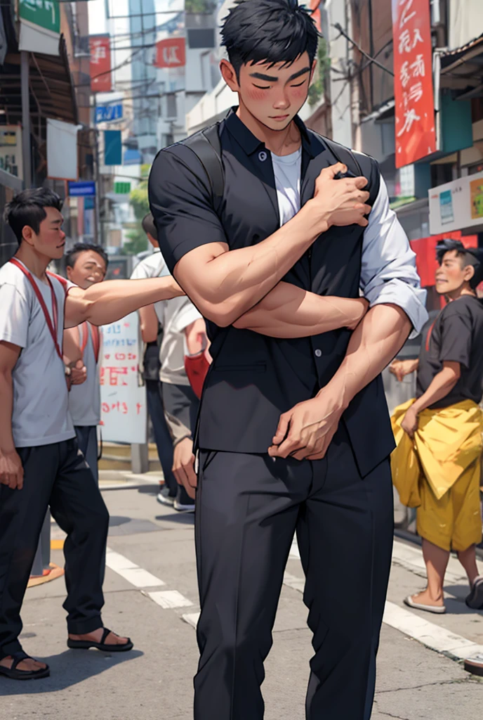 Two Thai men hug each other with love, with one person standing far behind.
