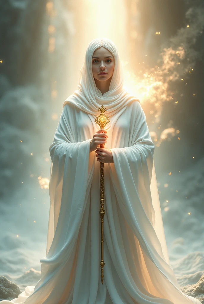 (highly realistic) (work of art) (4k image quality) (hyper detailed) (beautiful perfect face)(fot)(Approximate image)(肌肉男)(sensuous)
"Create an ethereal, luminous scene set in the fifth dimension, featuring a wise fractal being that radiates light. The being is wrapped in a fluid white cloak that covers its entire body, symbolizing purity and wisdom. In your hands, he holds a shining staff, symbol of ancient knowledge and power. The background is filled with soft, luminous fractal patterns that evoke a sense of harmony and enlightenment.. The atmosphere must be serene, with a warm and welcoming light that conveys a message of peace, spiritual ascension and elevation."