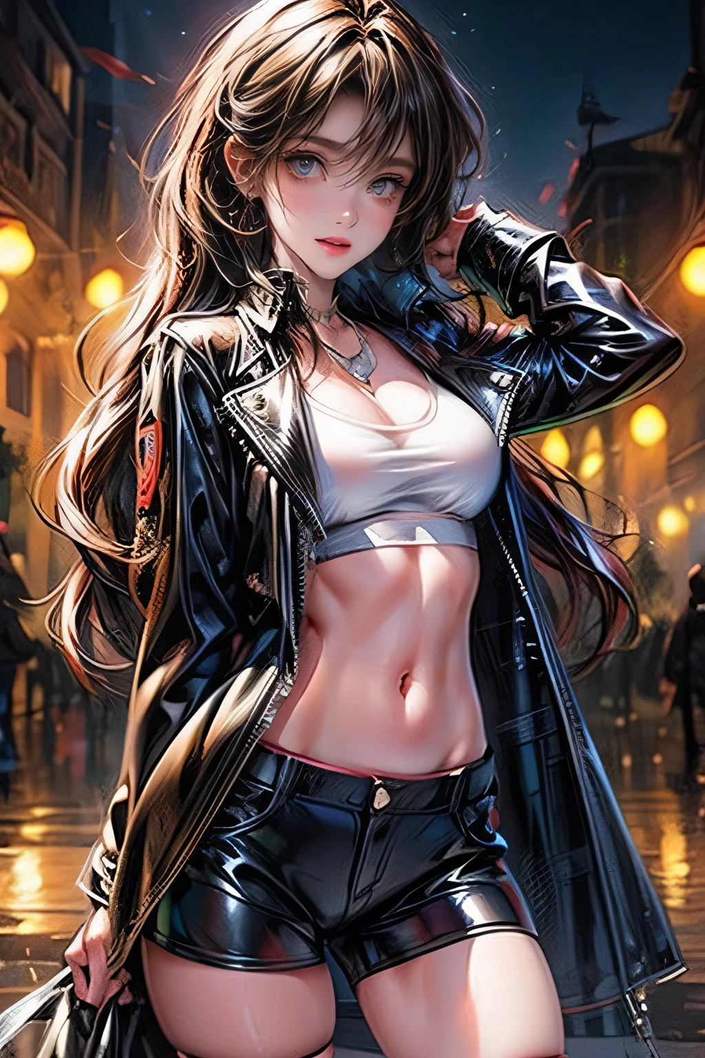 cute girl wearing black leather jacket, 1girl, solo, jacket, long hair, shorts, looking at viewer, navel, smile, outdoors, short shorts, ((white shirt)), open jacket, open clothes, open mouth, night, cowboy shot, black jacket, black shorts, blush, collarbone, blonde hair, thighs, cleavage, leather, leather jacket, sky