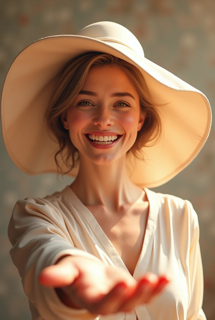 A smiling woman wearing a large satin cap on her hair and extending her hand