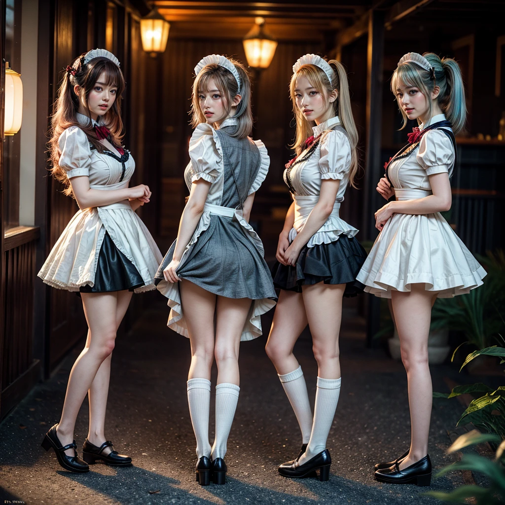 (Full Body of Extremely Detailed((Kawaii Maid Group in a row:1.37))), Cute perfect face, Reflective Eyes, Detailed(Delicate Clothing textures), Correct Leg Line, Dynamic Joyful Expressions LifeLike Rendering, Specular Reflection, TopQuality 8K Ultra-detailed masterpiece (ProfessionalPhoto:1.37), (Acutance:0.8), (Luminism:1.28), (Renaissance art style), Colorful Light particles, ((Full body from side)), {MicroMini Skirt|Kissing|Breast Lifting|Undressing|Thigh Gap|AssFocus}, Radiant Fine Skin with Transparency, (Exposed:0.5), (Different types of Anime hair color){Pink Hair|Blue Hair|Platinum Blonde|White Silver Hair|Liquid Hair}, Perfect Lighting