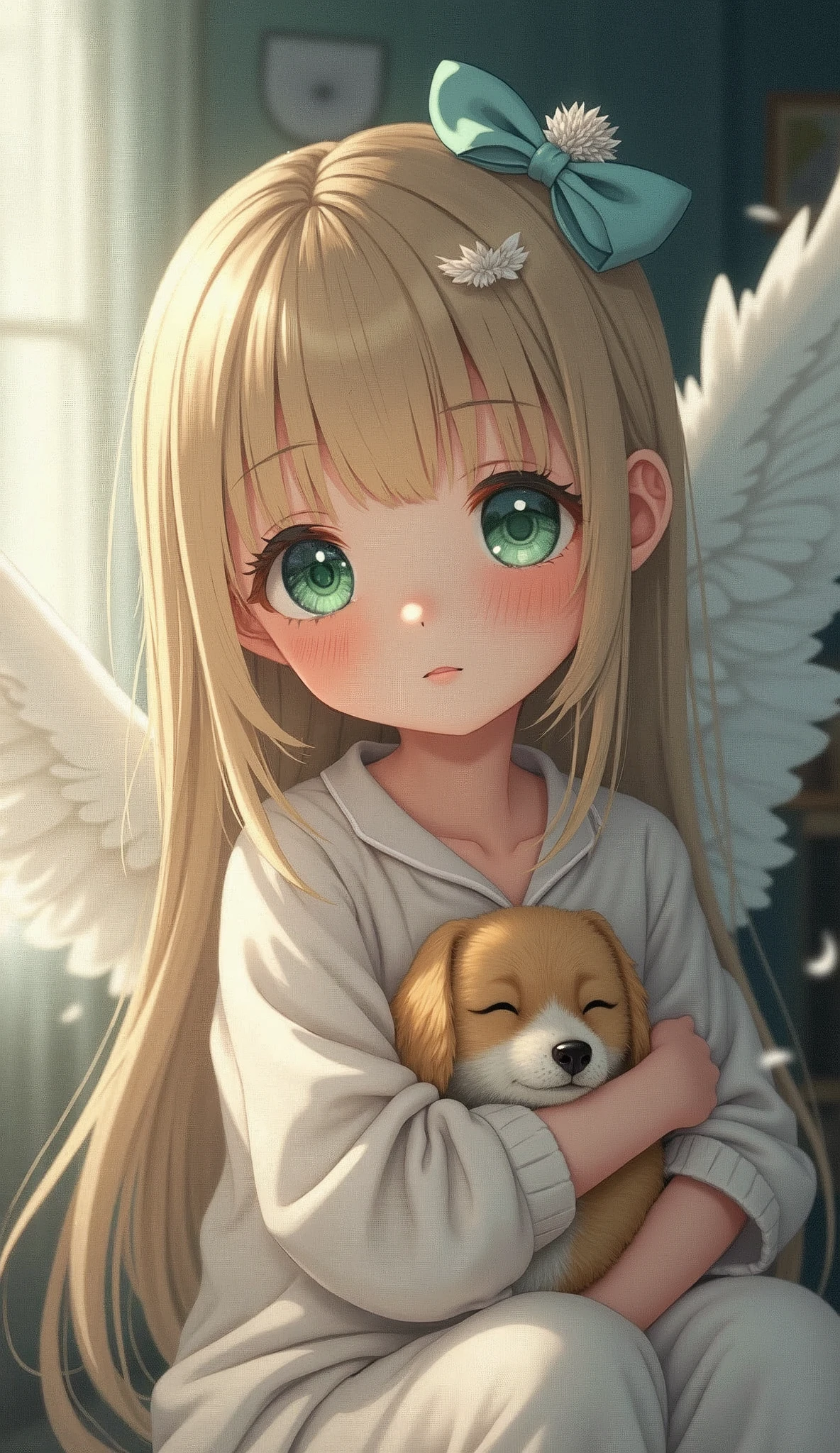 (8k, RAW photo, best quality, masterpiece, highres, absurdres, ultra detailed:1.3), (Photography, realistic, photo-realistic:1.4), (beautiful natural lighting, beautiful deatailed shadow, beautiful detailed glow :1.4), atmospheric,
BREAK, 1 beautiful girl, girl, (cute:1.5),(chibi:0.5),(cute:2.0),(Loli:2.0),(12 year old girl),(big breasts:1.65),(chin hair,blonde,blue bow,green eyes,Eyebrows visible through the hair,side lock,long hair with bangs parted, hair flower, hair ornaments, big ribbon in hair, curly hair, ponytail:1.6),:he, white feathers, one thin white wing, Ang he wings, spread,(blushed,:d:1.45) , BREAK
(pajamas, night, bedroom,: 1.35),
BREAK (holding a cute sleeping dog:1.45),
BREAK wakame,wakame,wakame,(cowboy shot,from front :1.4) BREAK manga illustration.media,manga style,(ultra rich intricately proper sketch+pastel+airbrush+colored pencil:1.1),(ultra highres composition details:1.2), (delicate illustration), (pastelcolor style illustration:0.9), (watercolor style illustration:0.4),