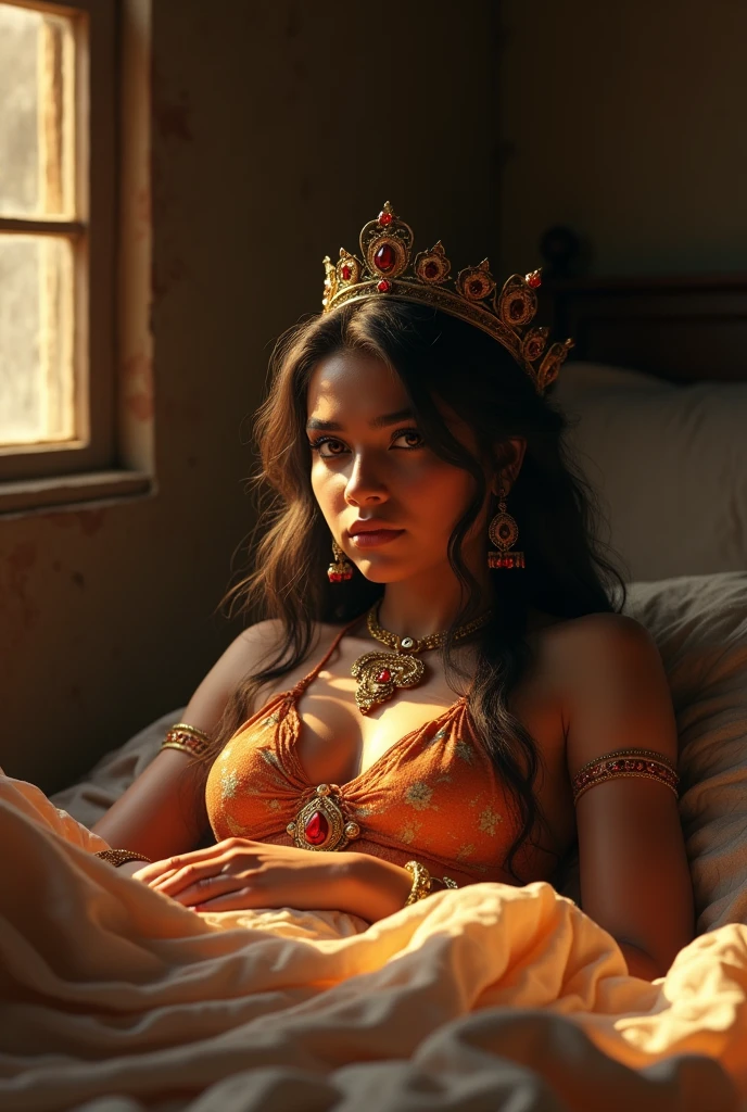 young Indian girl, 20 years old, gentle sunlight on the face, room atmosphere, old cloth about to be torn, ((grow seductive)),village girl atmosphere, intricate facial details, seductive full body image, wearing a crown, necklace and jewels, cinematic poses with perfect skin tones, Best 3D Rendering, very realistic, shot in Indian bed room.reclining,trending photorealistic digital art on Artstation 8k HD high definition realistic detail, detail, skin texture, very detailed, skin texture realistic, haunted, best quality, ultra high resolution, (photorealistic: 1.4),, high resolution, detailed, raw photos, 400 f1.6 camera lens rich colors hyper realistic lifelike textures dramatic lighting unrealengine trending Artstation cinestill 800