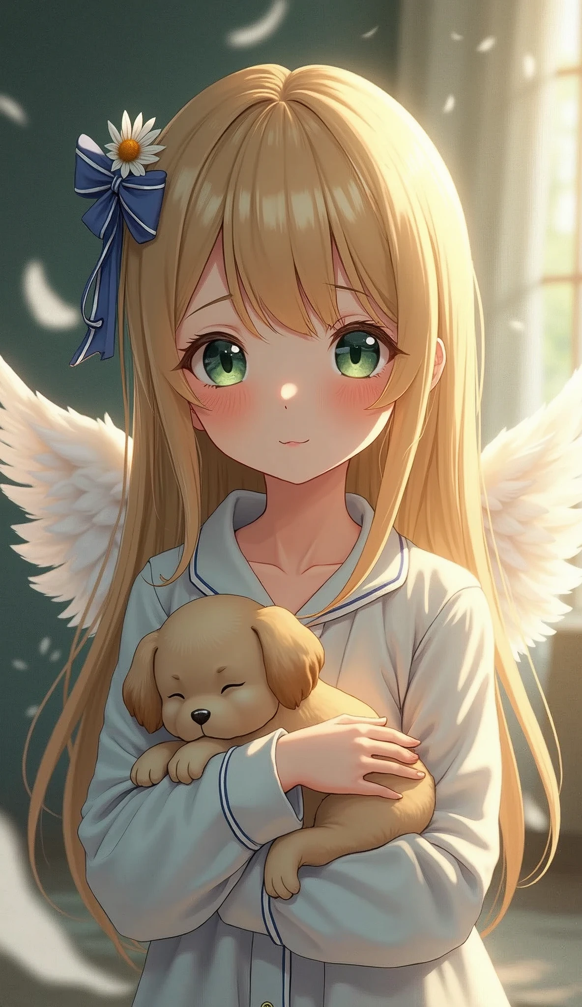 (8k, RAW photo, best quality, masterpiece, highres, absurdres, ultra detailed:1.3), (Photography, realistic, photo-realistic:1.4), (beautiful natural lighting, beautiful deatailed shadow, beautiful detailed glow :1.4), atmospheric, 

BREAK, 1 beautiful girl, girl, (cute:1.5),(chibi:0.5),(cute:2.0),(Loli:2.0),( girl),(big breasts:1.65),(chin hair,blonde,blue bow,green eyes,Eyebrows visible through the hair,side lock,long hair with bangs parted, hair flower, hair ornaments, big ribbon in hair, curly hair, ponytail:1.6),:he, white feathers, one thin white wing, Ang he wings, spread,(blushed,:d:1.45) ,      BREAK

(pajamas, night, bedroom,: 1.35),
BREAK  (holding a cute sleeping dog:1.45),

 BREAK wakame,wakame,wakame,(cowboy shot,from front :1.4) BREAK manga illustration.media,manga style,(ultra rich intricately proper sketch+pastel+airbrush+colored pencil:1.1),(ultra highres composition details:1.2), (delicate illustration), (pastelcolor style illustration:0.9), (watercolor style illustration:0.4), 