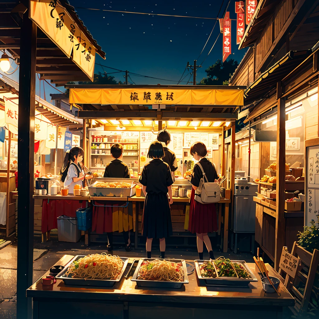 Vivid, Kururu, school festival, making yakisoba, food stall, lots of customers, all with different faces, primary color painting