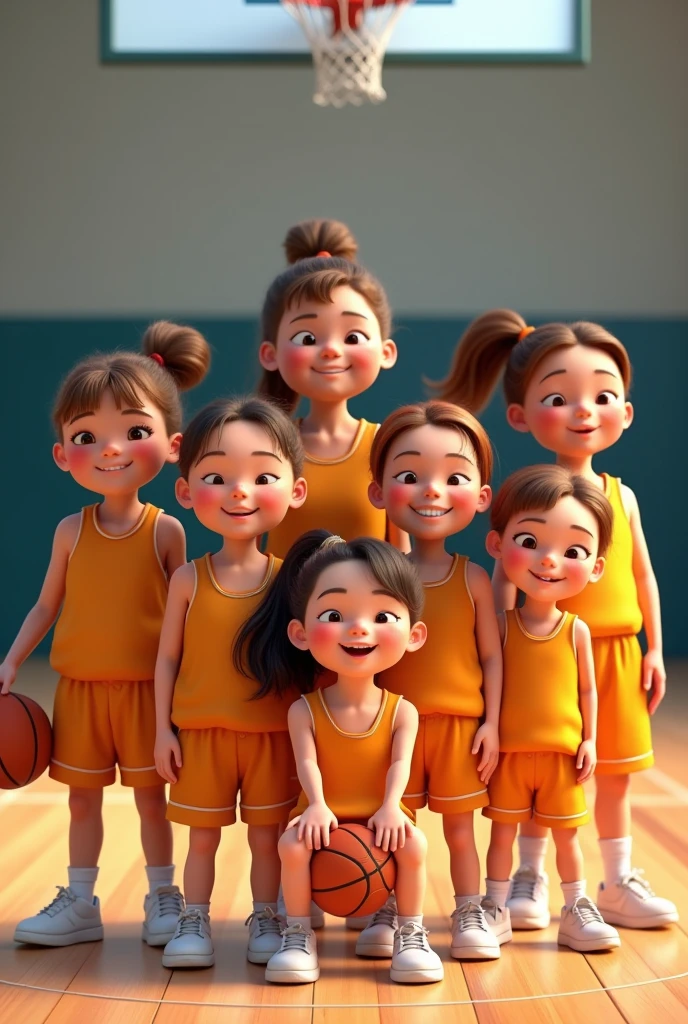 Photorealism: nine girls in one basketball team picture, cute 3d catoons with same color of jersey the three are chubby