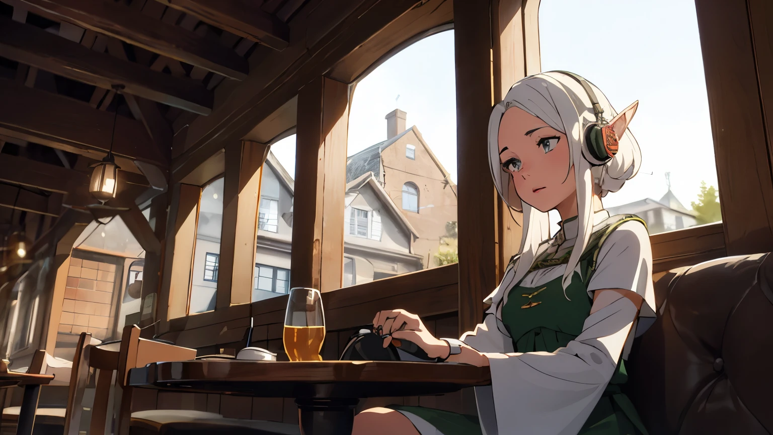 elf girl with white hair, long ears, wearing headphone and wearing medieval dress sitting and the window tavern.