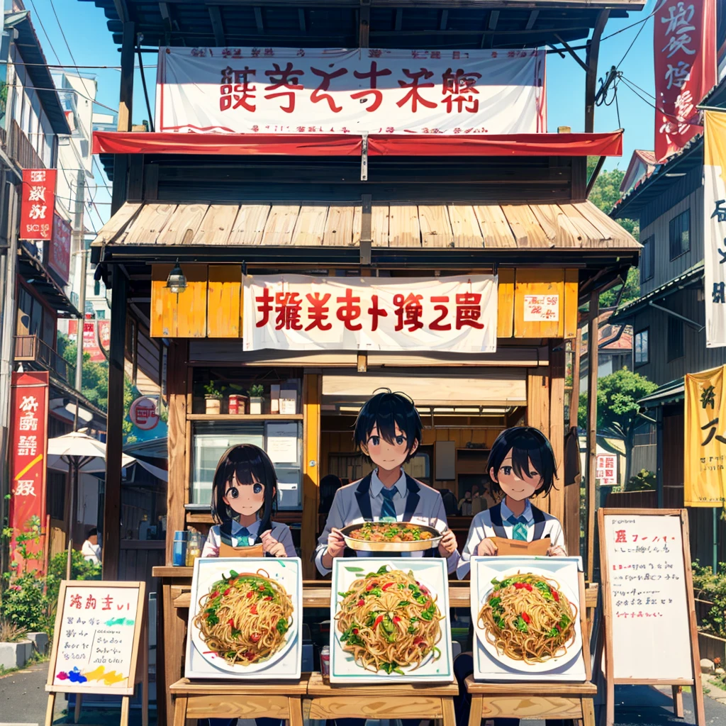 Vivid, Kururu, school festival, making yakisoba, food stall, lots of customers, all with different faces, primary color painting