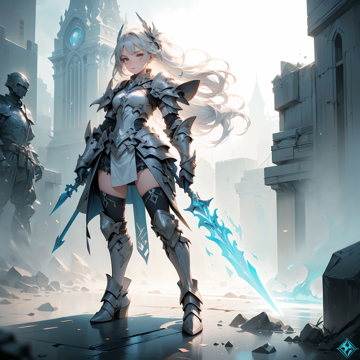 Designing a game character showcase layout., (1 girl). negro+silver armor, elegant and high-tech, ((Show weapon:1.4)), spear, (masterpiece:1.2), (Best Quality), 4k, ultra detailed, (Step by step design, design art:1.5), (neon lighting, neat white environment), technological armor, combat boots