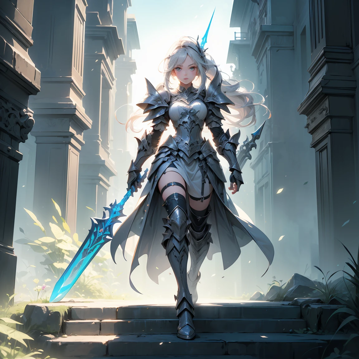 Designing a game character showcase layout., (1 girl). negro+silver armor, elegant and high-tech, ((Show weapon:1.4)), spear, (masterpiece:1.2), (Best Quality), 4k, ultra detailed, (Step by step design, design art:1.5), (neon lighting, neat white environment), technological armor, combat boots