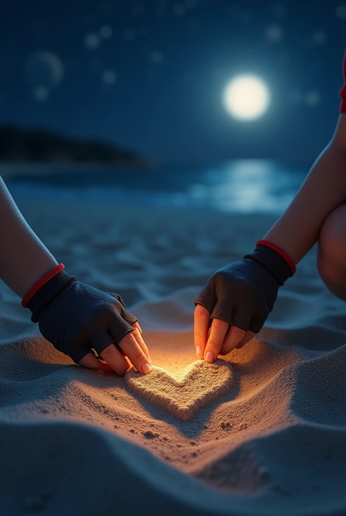 A boy with bycicle gloves on drawing a heart on sand at night night time, make it realistic, only show hands 
