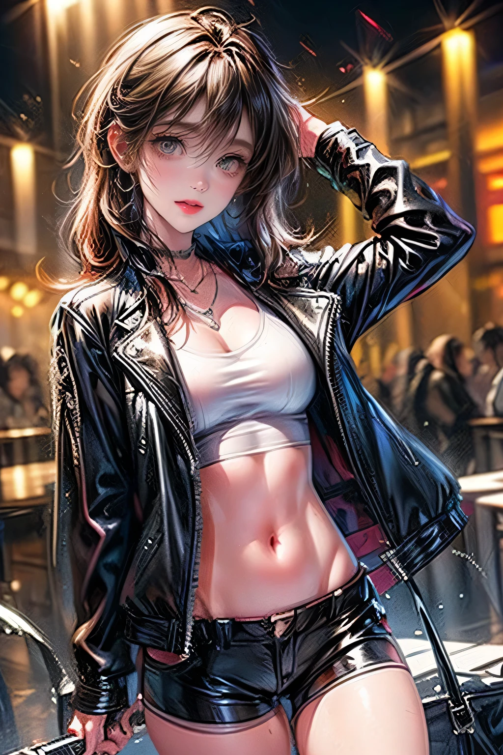 cute police girl wearing black leather jacket, 1girl, solo, riders jacket, long hair, shorts, looking at viewer, navel, smile, outdoors, short shorts, ((white shirt)), open jacket, open clothes, open mouth, night, cowboy shot, black jacket, black shorts, blush, collarbone, blonde hair, thighs, cleavage, leather, leather jacket, sky