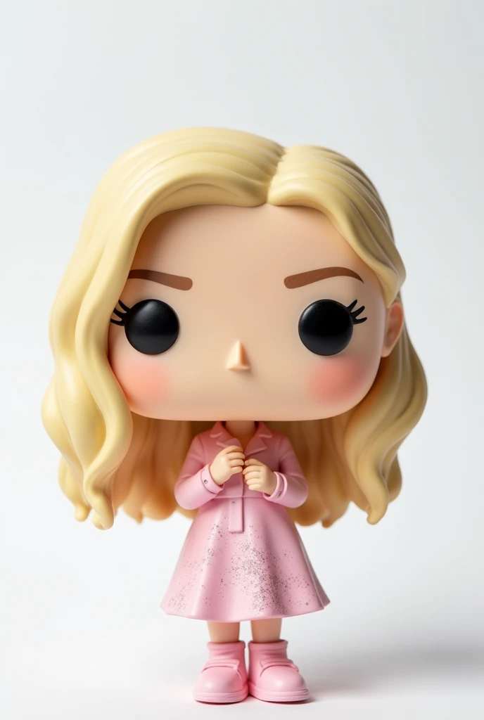 funko pop in white pop box,   blonde with a light pink glitter set and the name Olivia Annenberg on the box and no makeup white background with medium length golden blonde hair 