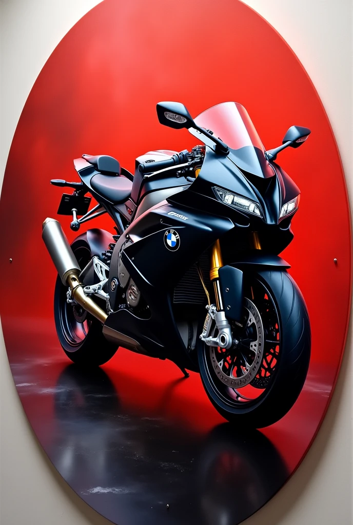 Black colored s1000rr acrylic painting on a round 10x10 canvas with red fog in background and bmw logo 