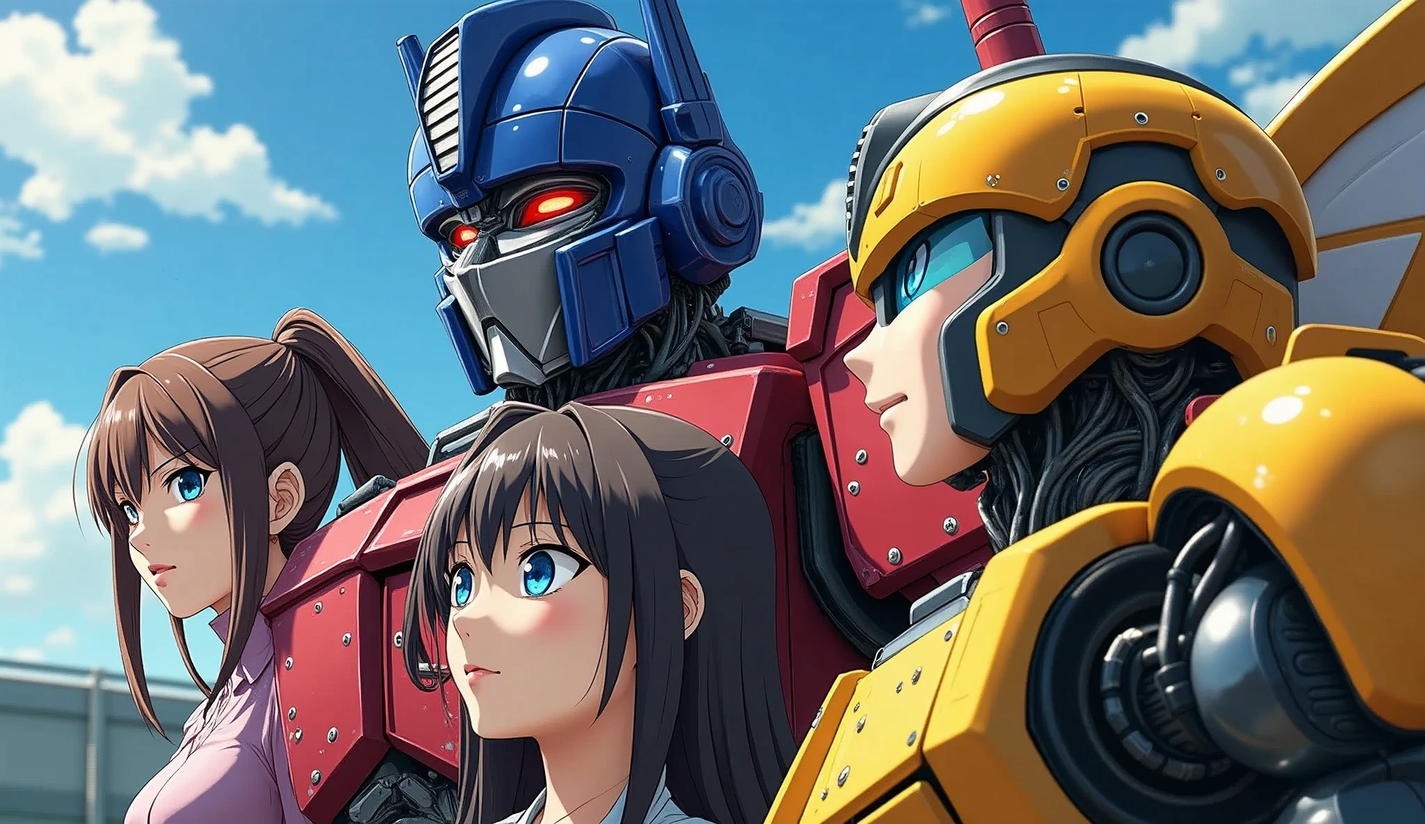Optimus Prime, Rika Kawai, Kaneki Ken, Bumblebee, highly detailed cyborg robot, beautiful detailed eyes, beautiful detailed lips, extremely detailed eyes and face, long eyelashes, anime style, intricate mecha design, dynamic action pose, vibrant color palette, cinematic lighting, 8k, photorealistic, hyper detailed, masterpiece