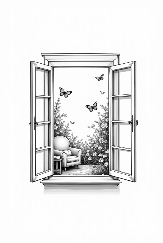 Create a very minimalist and delicate black and white illustration for a tattoo with fine lines of an open vintage window where outside you can see a flower garden with butterflies and inside there is a cozy room with an armchair, rug and side table supporting a hot coffee