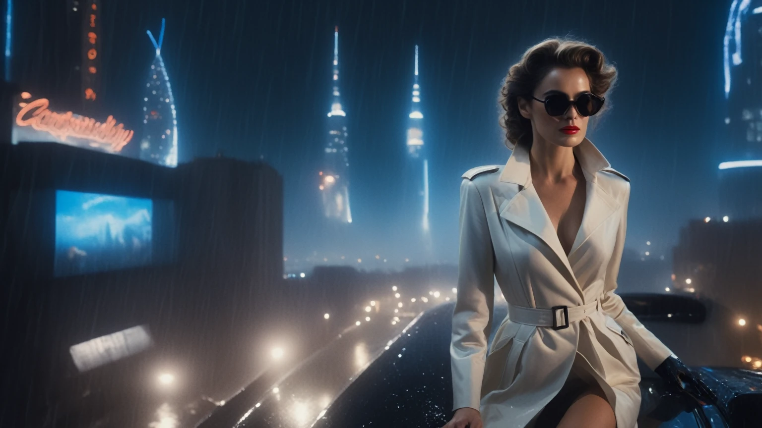 (Hyper-realistic photograph:1.4), Captivating scene under the rain at night on a rooftop, year 1937 cars on street, flying cars, a sexy slim woman, large breast cleavage, with short brown hair, three-quarters view, Black trench coat, (black sunglasses, holding a short gun), with a dark rainy city landscape in background, blue eyes, photography style, (half-body shot:1.3), (contemplative expression:1.2),(well-lit:1.2) Extremely Realistic, serendipity art, (sharp focus:1.3), intricate details, highly detailed, by God himself, original shot, masterpiece, detailed and intricate, Movie Still, guttojugg1