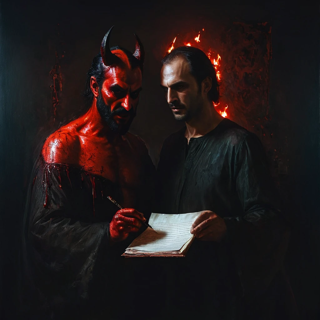 painting of a contract with the devil signed in blood, two: a man and a devil, dark atmosphere, cinematic scene, volumetric lights, ultra realistic, in the style of nicola samori