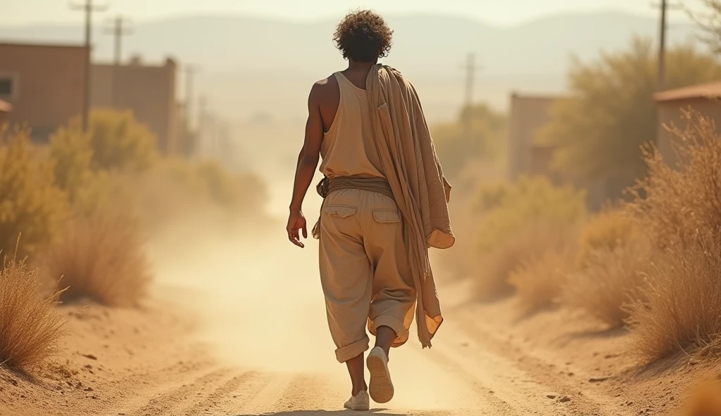 (best quality: 1.4), (Ultra Highres: 1.2), (photorealistic: 1.4), (8k, RAW photo: 1.2). The description of the Samaritan man's physical appearance is not detailed in the biblical narrative, but her Samaritan origin suggests she likely had similar characteristics to other people in the region. Without historical-cultural context, the story of the man with a rustic Samaritan appearance, he appears to be a rustic man, he is walking, as if he were leaving, with his back turned