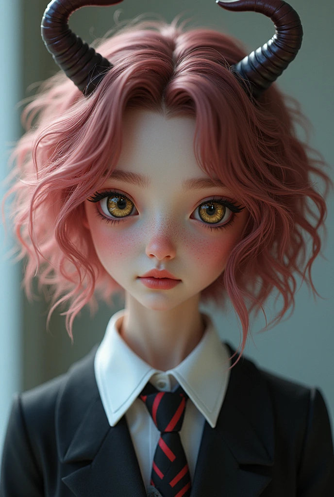 A beautiful girl alien. She has light pink skin, black sclera with golden pupils, dark pink hair that is very short but curly, alien horns and wears an academy uniform.