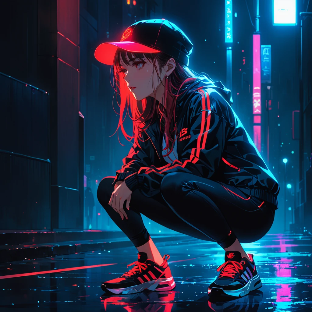 An anime-style illustration of a woman crouching in the dark, looking straight ahead with her face hidden by a cap. The cap, street-style jacket, and sneakers all feature fluorescent red accents, which stand out brightly against the dark background.
High resolution, masterpiece, accurate, 最high quality, High detail, high quality, Very detailed, dark,longhair