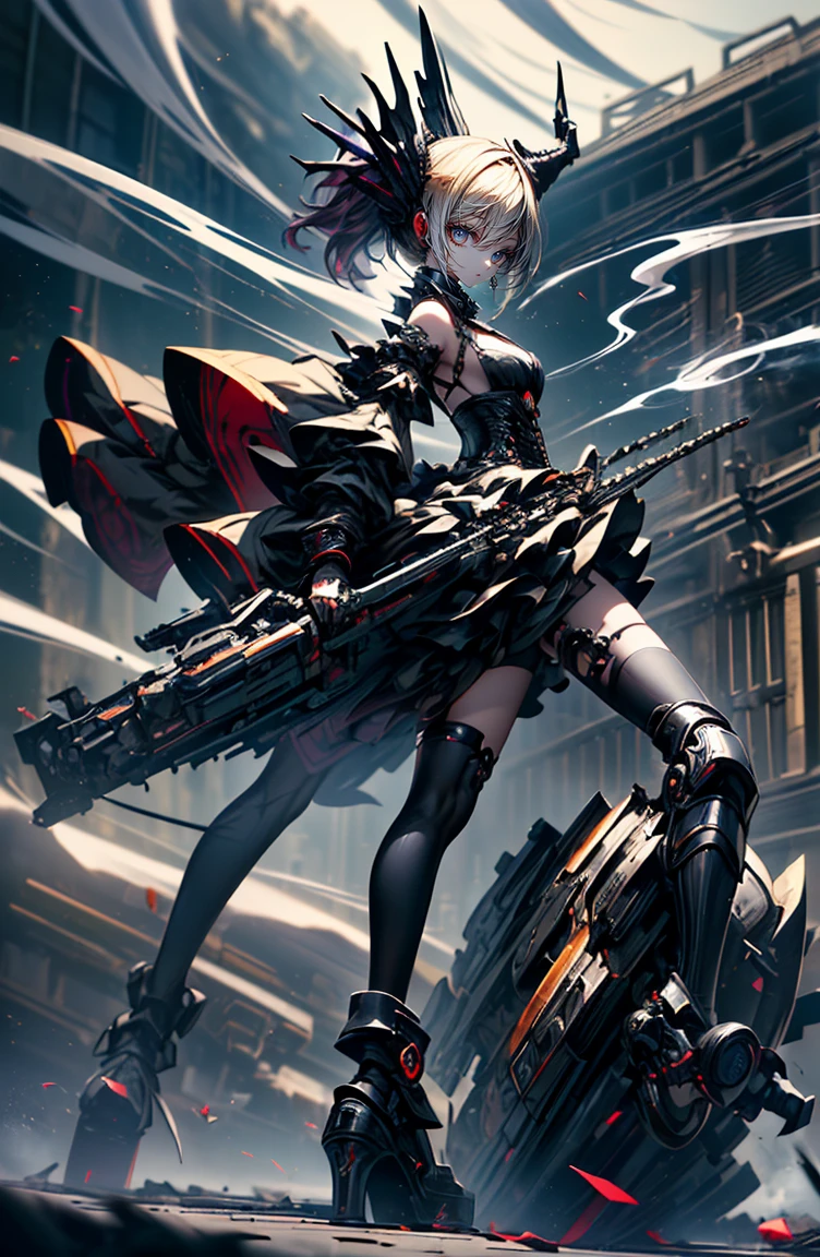 super high quality、8K quality、High resolution、Image quality captured with a single-lens reflex camera、(software)、Perfect Anatomy、(1. The theme is Gothic punk girl holding a barrel of alcohol)Beautiful blonde girl.Orange eyes、(Good shape、Normal chest、Cleavage)、(Black mechanical parts for arms and legs、3D, Realistic mechanical parts)(Mechanical parts wings on the back)(Holding a barrel of wine:1.2)break、(Perfect Anatomy:1.4)break(Rear view、Recall、avert your eyes:1.3)Petals flutter(Smoke rising from the battlefield、Twilight:1.5)