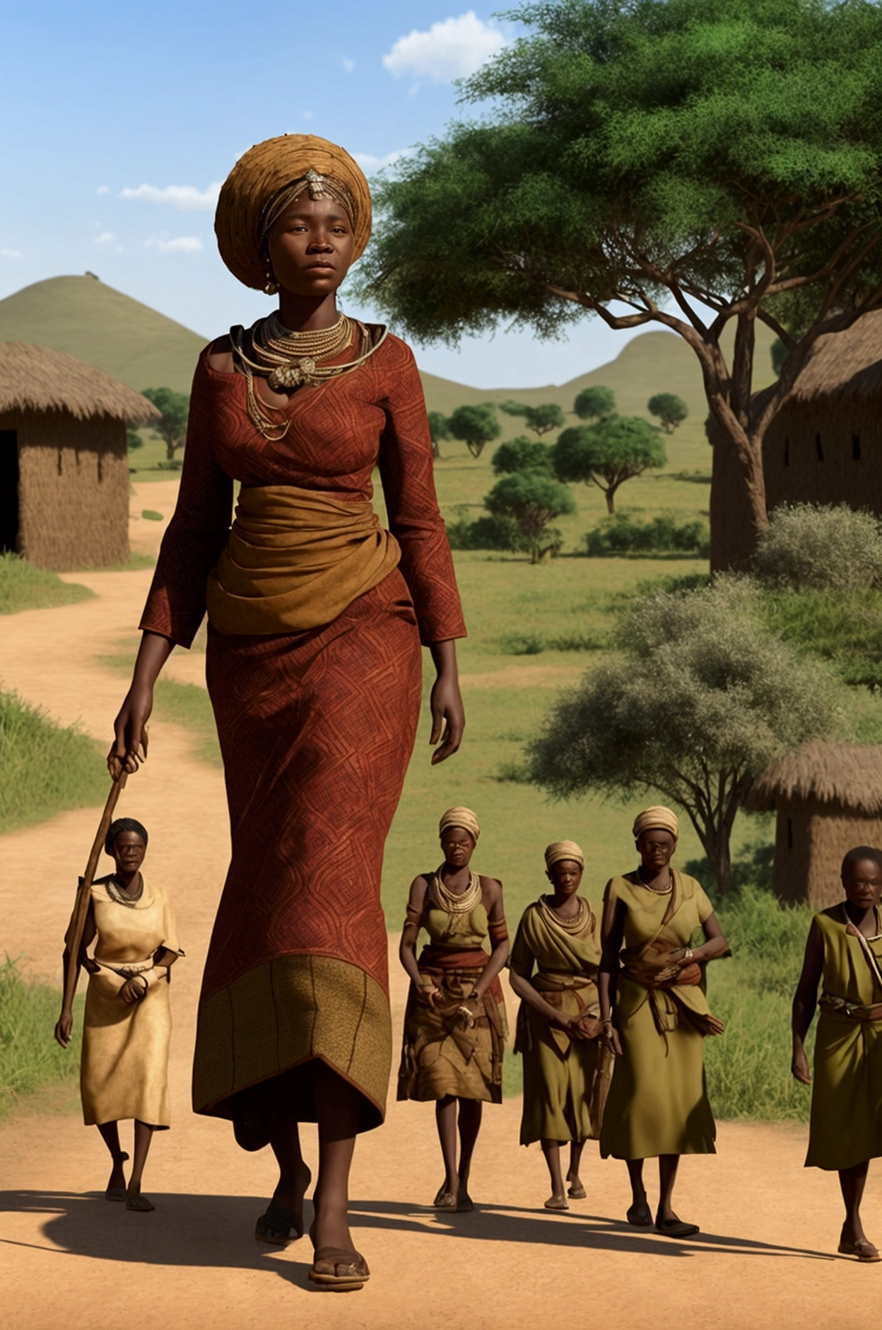 Create a realistic image of an african very beautiful 18 years lady walking in her village with villagers around looking at her