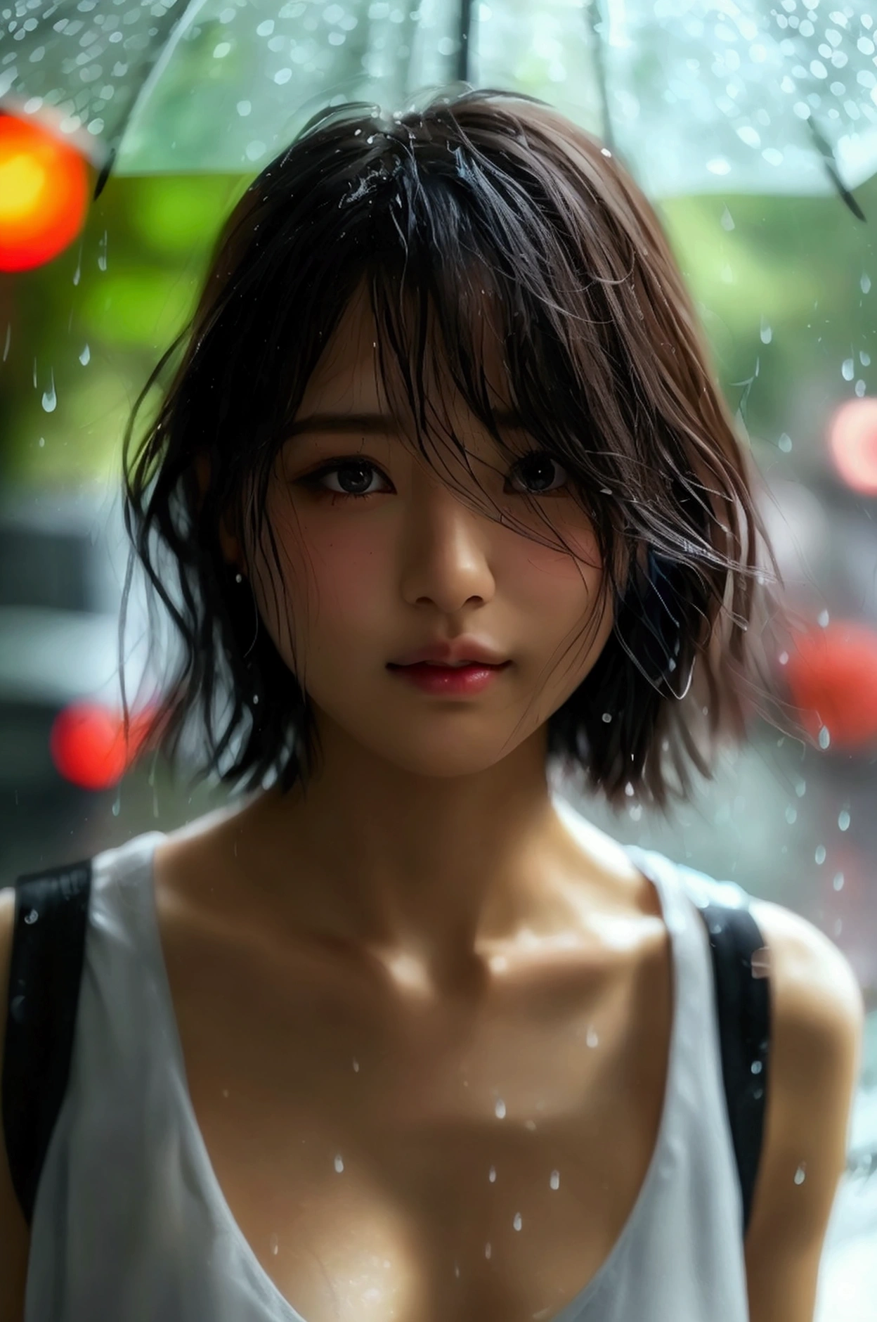 (8k, Photorealistic, Raw photo, Highest quality: 1.4),Japanese idol-style beautiful girl,1 person,,(Short Bob),(Black),She has her hair tucked behind her ears,Raindrops dripping from wet hair,Clear grey eyes,Long eyelashes,(piercings(small)),(Lip gloss),lips(Plump,glossy),Skin that is as white and smooth as translucent porcelain,Thin and delicate shoulders,thin abdomen,(blouse(White,Short sleeve)),(bra(Pink)),(Pleated skirt(Plaid)),(socks(Dark blue)),(loafers),summer,On the way home from school,Sudden rain,Soaked from head to toe,シャツが濡れて透けてbraが見えている,On the way home from school,Rain shelter under the eaves,She looks out at the rainy street,(Front view),(Full body snapshot: 1.4))