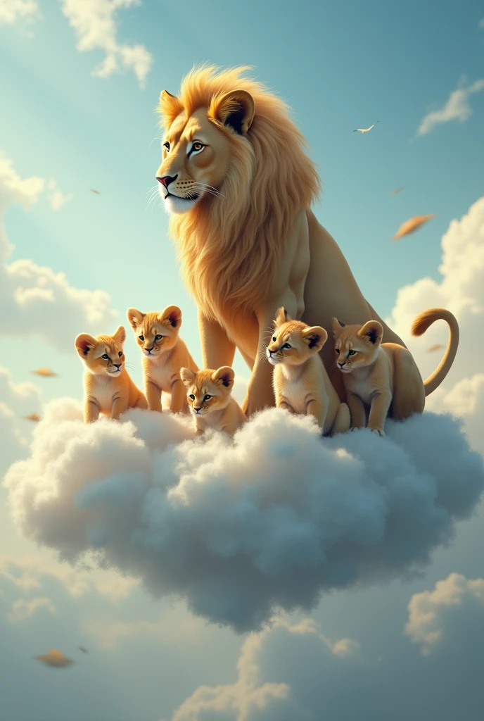 A lioness on a cloud looking down on her five lion cubs.