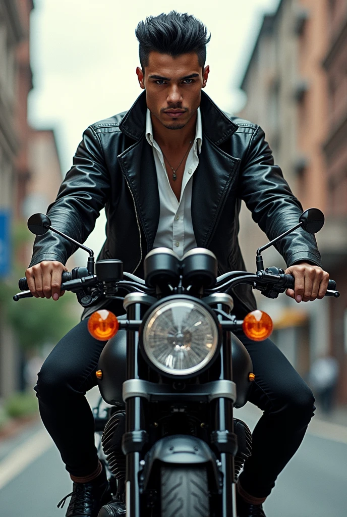 imagine A handsome man without a beard with straight black hair and full on the sides the hair was short, wearing a black leather jacket, white blouse, Black pants and sneakers, with very black eyes, mounted on a motorcycle,medium white skin with a darker tone.