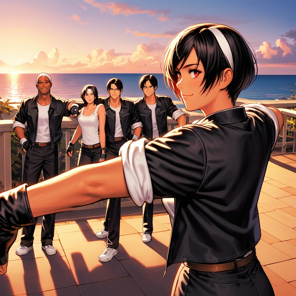 woman,stretching,Confident sleepy face,My friends are smiling,short hair,Black Hair,Dark Skin,Red eyes,((black jacket with sleeves rolled up)),Fingerless gloves,White T-shirt, ((White headband)),Black trousers,White shoes,Brown belt,cute,Indoor Party,Charm Points,Ocean View,Slightly large chest,Outdoor,high quality,good looking,Yawn