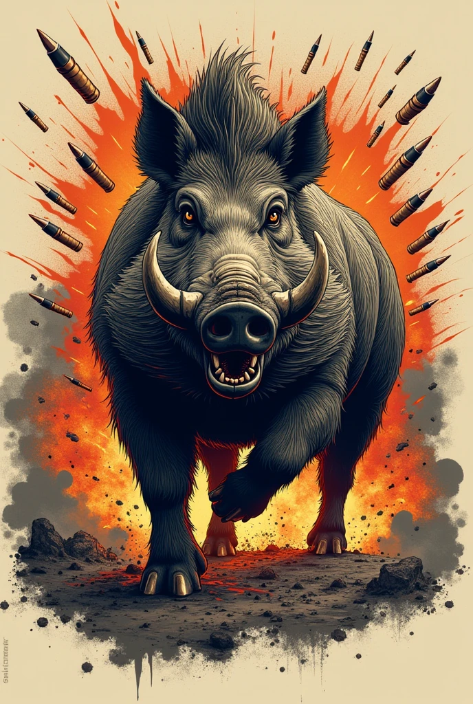CREATE A LONG SLEEVE AMERICAN MILITARY T-SHIRT, WITH THE DRAWING OF A TERRIBLE BOAR AND FIZIL AND BULLET SHOTS WITH LOGO "PICA FUMO TEAM"






