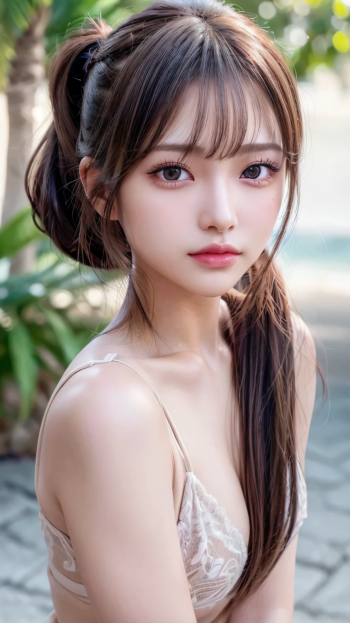 body shot,Outdoor,micro bikini,resort Beach,Ultra-detailed, finely detail, hight resolution, 8K Wallpaper, Perfect dynamic composition, Beautiful detailed eyes,,Close-up of face,,Blushing,Facing forward,Long hair ponytail,((8k, Raw photo, Best Quality, Mastepiece:1.2), (Realism, Photorealistic:1.4), (Highly detailed 8K wallpapers), Depth of written boundary, Cinematic Lighting, Soft Light, Detailed Beauty Eye,Shiny and smooth light brown ponytail, Asymmetrical bangs, Shiny skin, Ultra-detailed skins ,It is high resolution., High detail, Detailed hairstyle, Detailed facial beauty, Hyper-realistic, Perfect limbs, Perfect Anatomy ,Of Japanese,Famous Japanese Idols, Perfect female body,A shy smile,Short eyelashes,Double-edged eyelids,Look straight here,Hair style: ponytail,