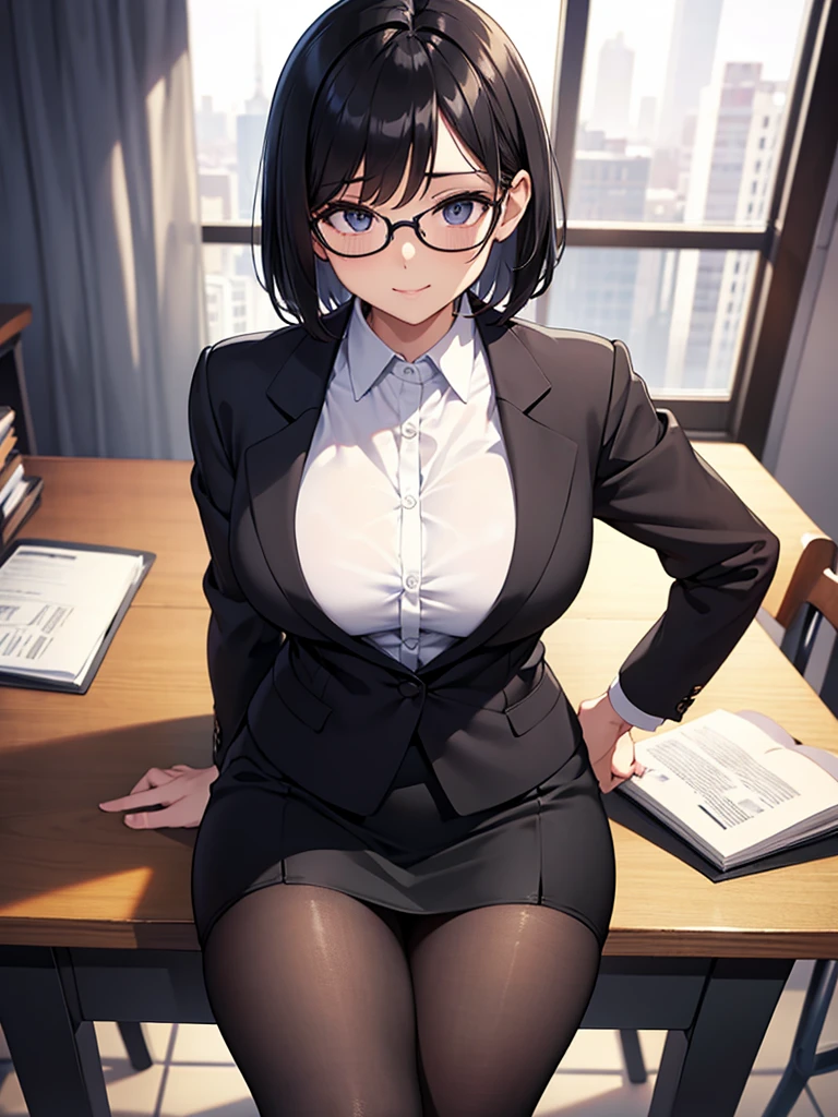 masterpiece, best quality, high definition images, atmospheric perspective, expressive eyes, perfect face, ultra detailed, solo, 1mature seductive woman while undressing, sitting on desk, alluring pose, sexy, black short bob hair, simple glasses, calm smile, shy, female teacher, business suit, jacket, blouse, pencil skirt, tight mini skirt, lifting skirt, spread legs, black panties, curvy, thighs, pantyhose, high heals, in study room,