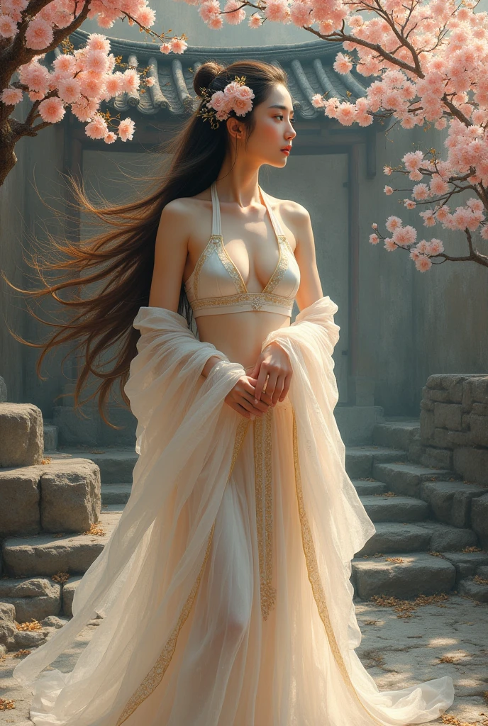(photorealistic :1.3), epic masterpiece, intricate detail, abstract light and shiny, abstract acrylic, splash, full body view, long flowering hair adorned with flowers, Chinese beauty, halter top, large oversized thin satin hanfu, holding a traditional Chinese fan, chinese kintsugi patterns, minimalist, cherry blossom, old stone steps , old gate, old stone house, spring wells, gold kintsugi and splash effects background, realistic textures.