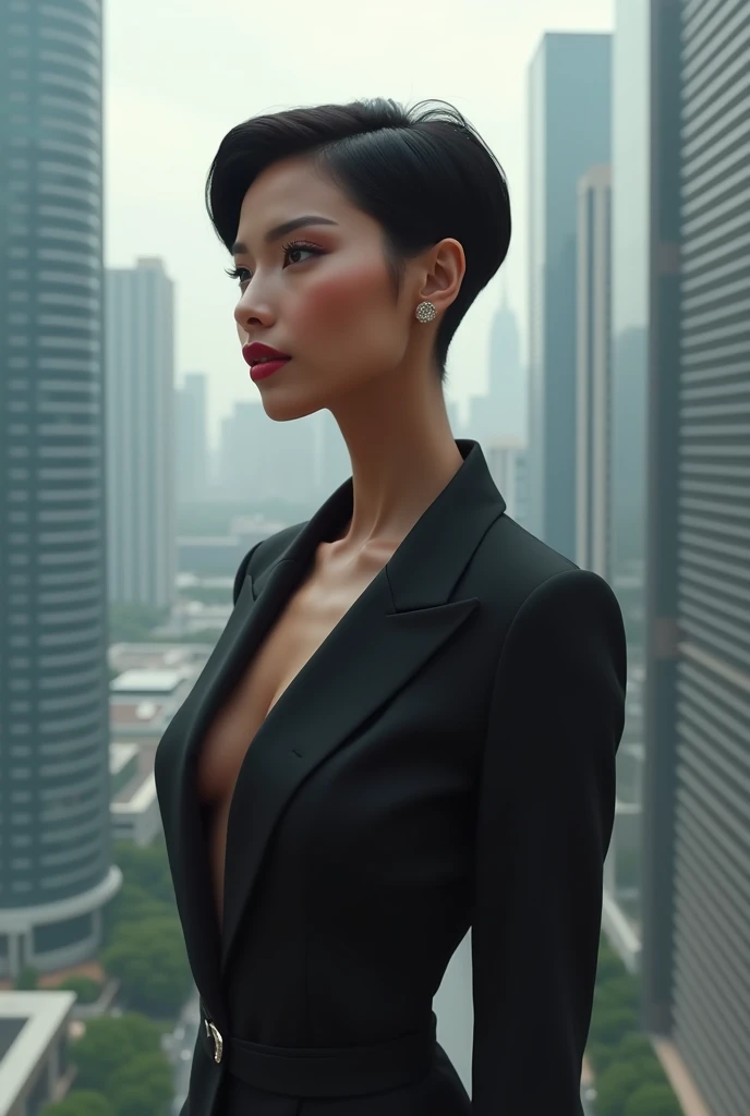 generate a black-skinned millionaire short-haired Asian woman