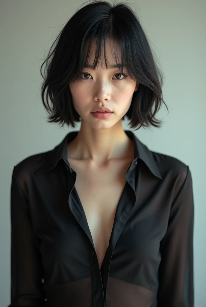 Japanese woman, 30 years old, asymmetrical shag haircut, streight face showing no emotion, thin lips, looking into camera, tight silk tshirt, no bra, standing streight, frontal view, highly detailed face, high resolution, no make-up, photorealistic