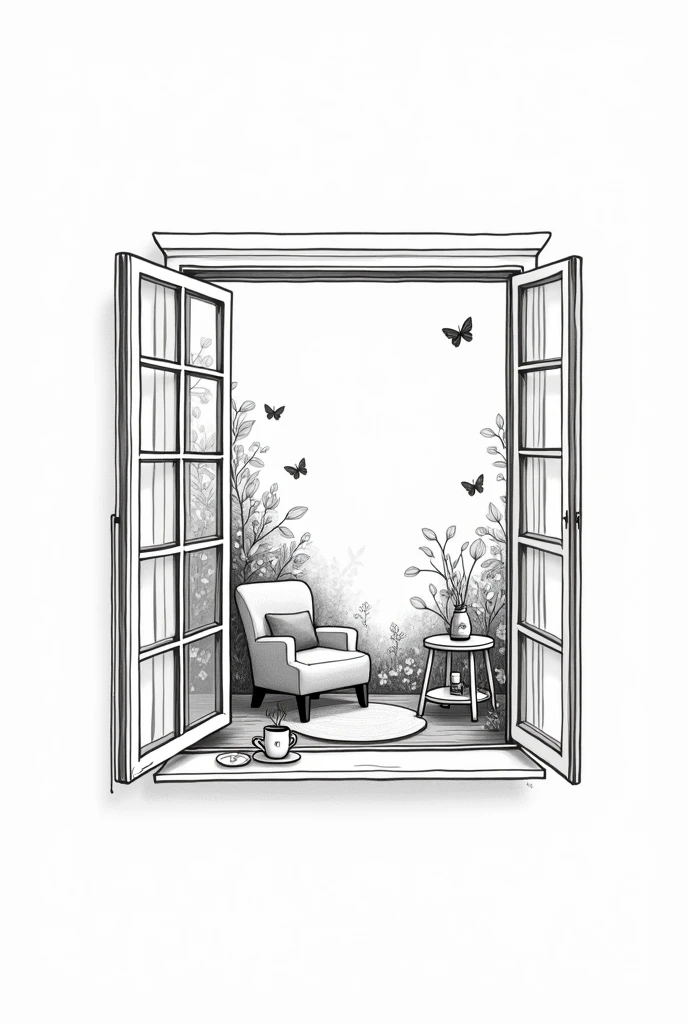 Create a very minimalist and delicate black and white illustration for a tattoo with fine lines of an open vintage window where outside you can see a flower garden with butterflies and inside there is a cozy room with an armchair, rug and side table supporting a hot coffee