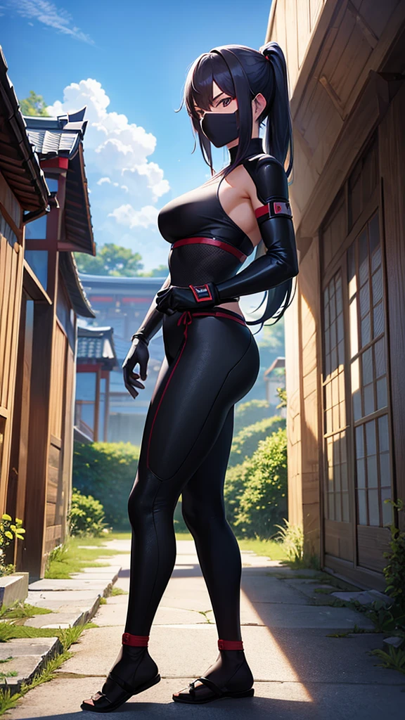 A female ninja standing against the backdrop of Japanese-style ruins