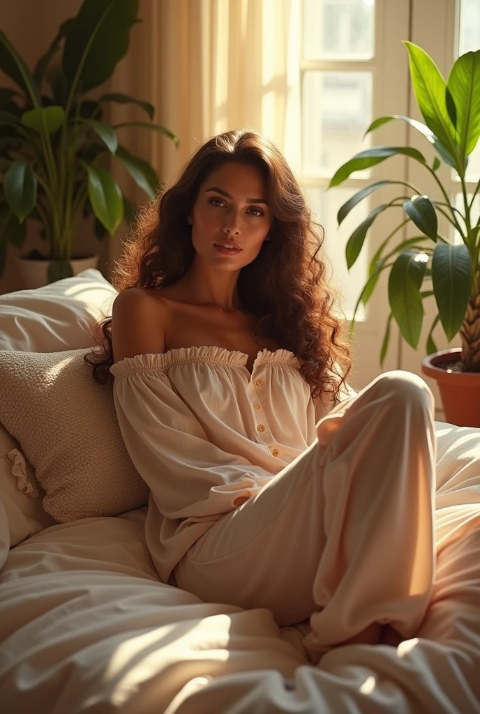 (photorealism:1.2), beautiful woman, sitting on bed, wearing loose off-shoulder top, pajama pants, long curly hair, indoors, soft lighting, plants in background, window with sunlight, cozy room, relaxed pose, realistic, intricate details, warm colors, by Greg Rutkowski, by Alphonse Mucha