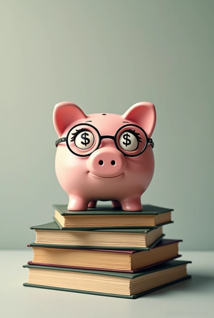A piggy bank sitting on a stack of books reading with dollar signs in its eyes, minimalist and eye-catching