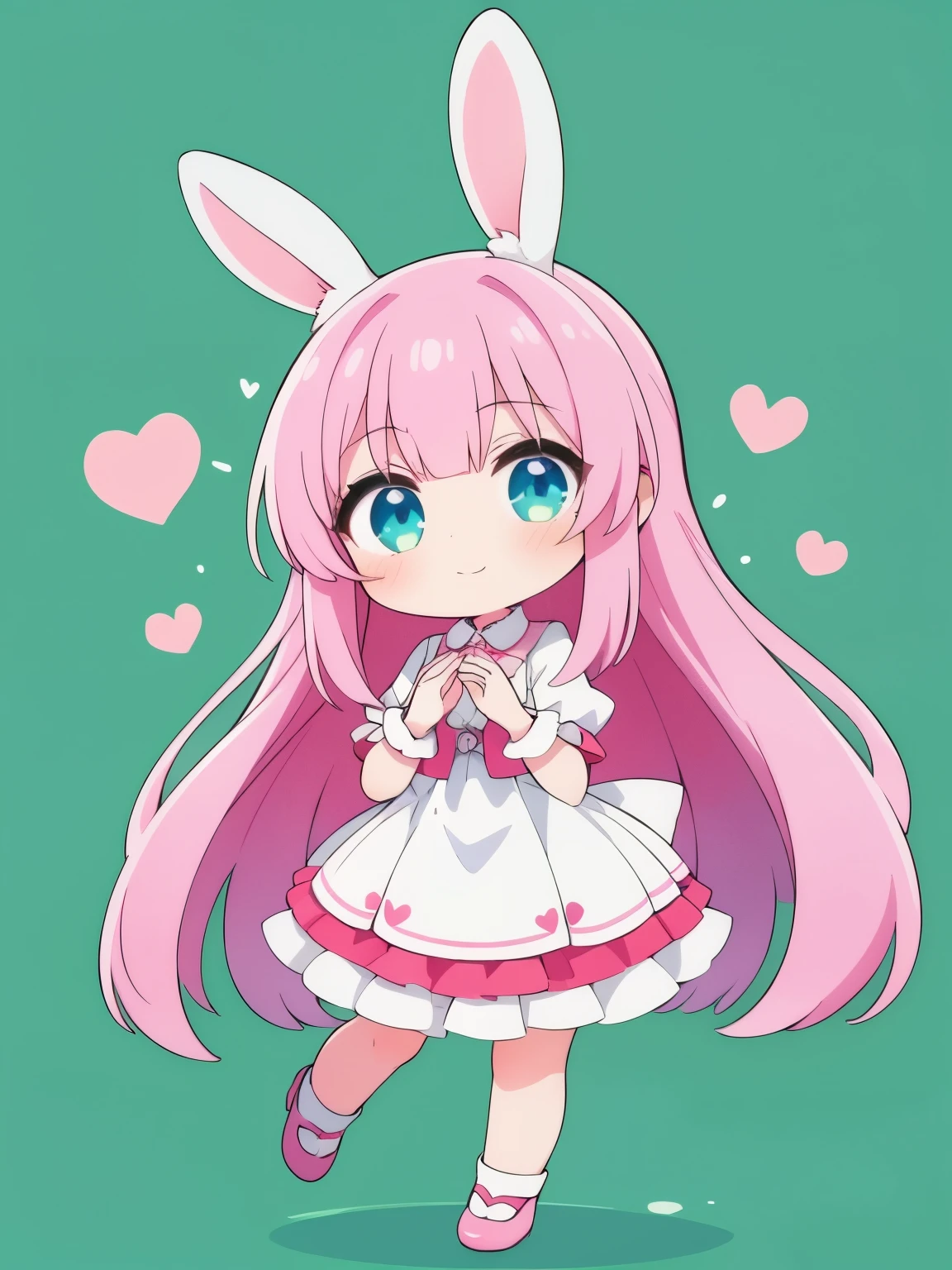 1girl,chibi,full body,green background,light blue eyes,with heat-shaped irises,rabbit ears,pink hair,long hair,enjoy,tareme,cute eyes,heart hands,strawberry pattem,hime cut