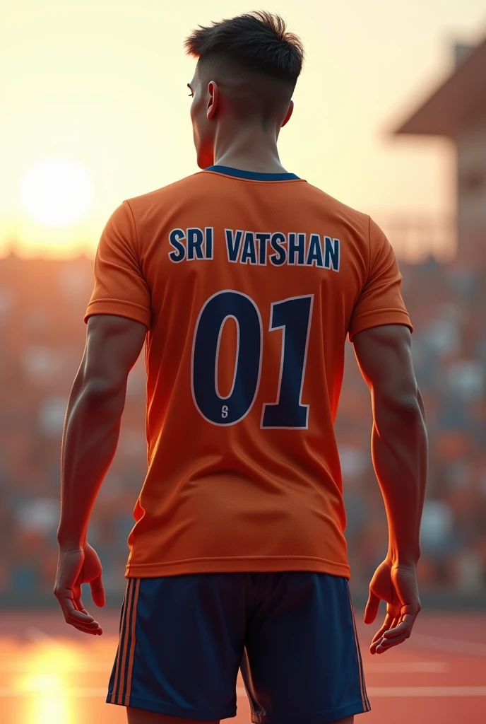 A male volleyball player standing turned with his volleyball his name in jersey is SRI VATSHAN and number as 01 tuning back aside in sunlight background turning full back side without showing his face