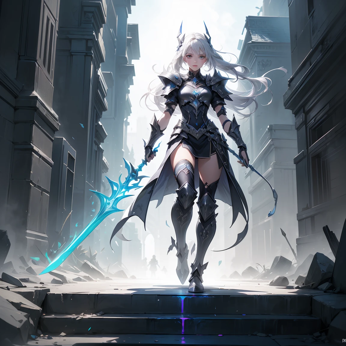 (masterpiece, best quality, ultra-detailed, best shadow), (detailed background,dark fantasy), (beautiful detailed face), high contrast, (best illumination, an extremely delicate and beautiful), ((cinematic light)), colorful, hyper detail, dramatic light, intricate details, (1girl, solo,white hair, sharp face,purple eyes, hair between eyes,dynamic angle), blood splatter, swirling black light around the character, depth of field,black light particles,(broken glass),magic circle, goddess armor, god, cute, wielding lightning sword, wearing full armor,