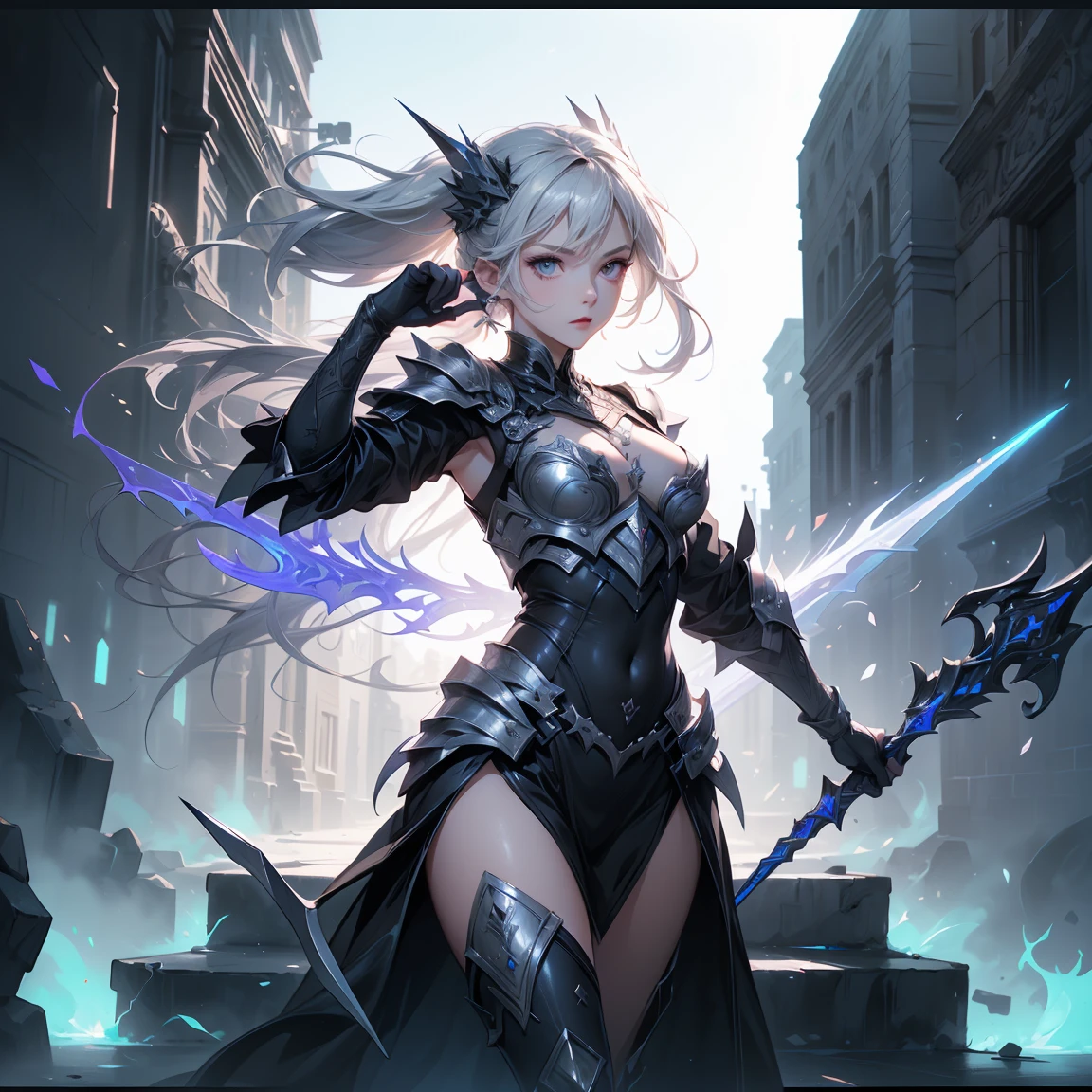 Designing a game character showcase layout., (1 girl). ?????+silver armor, elegant and high-tech, ((Show weapon:1.4)), spear, (masterpiece:1.2), (Best Quality), 4k, ultra detailed, (Step by step design, design art:1.5), (neon lighting, neat white environment), technological armor, combat boots