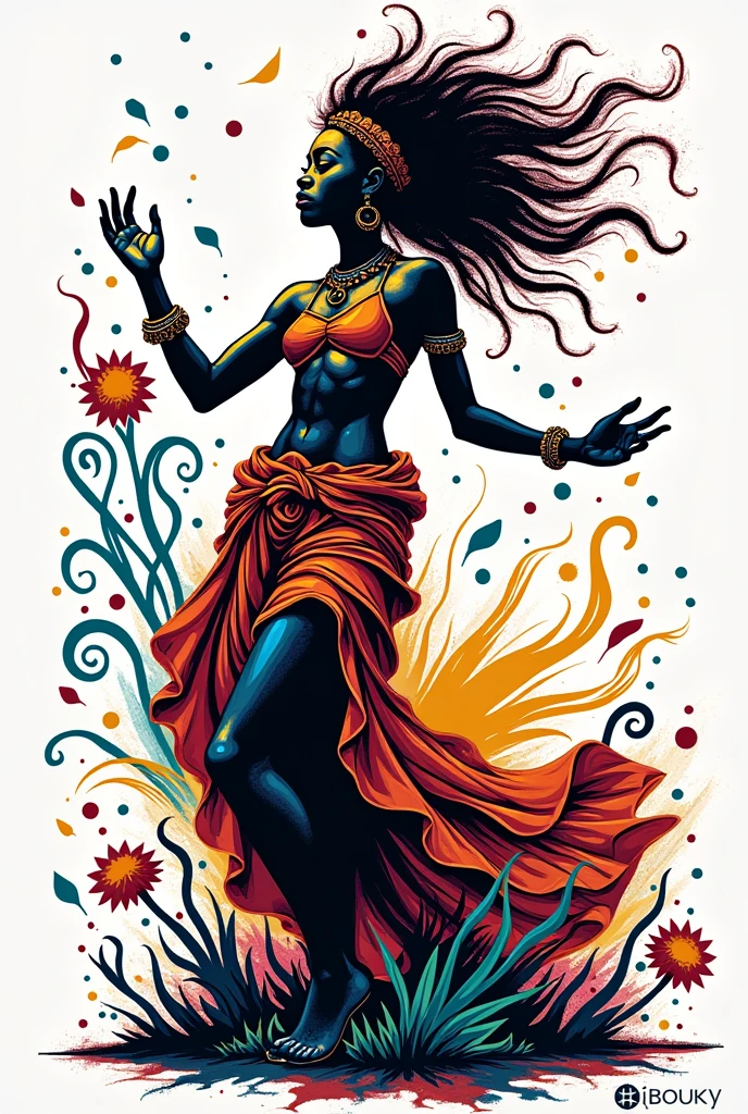 Create colorful Bansky-style art for poetry: 
IANSÃ commands the winds And the strength of the elements At the tip of your guilder She's a beautiful girl When the sky falls Always the beginning and the end 


black skin 
White background