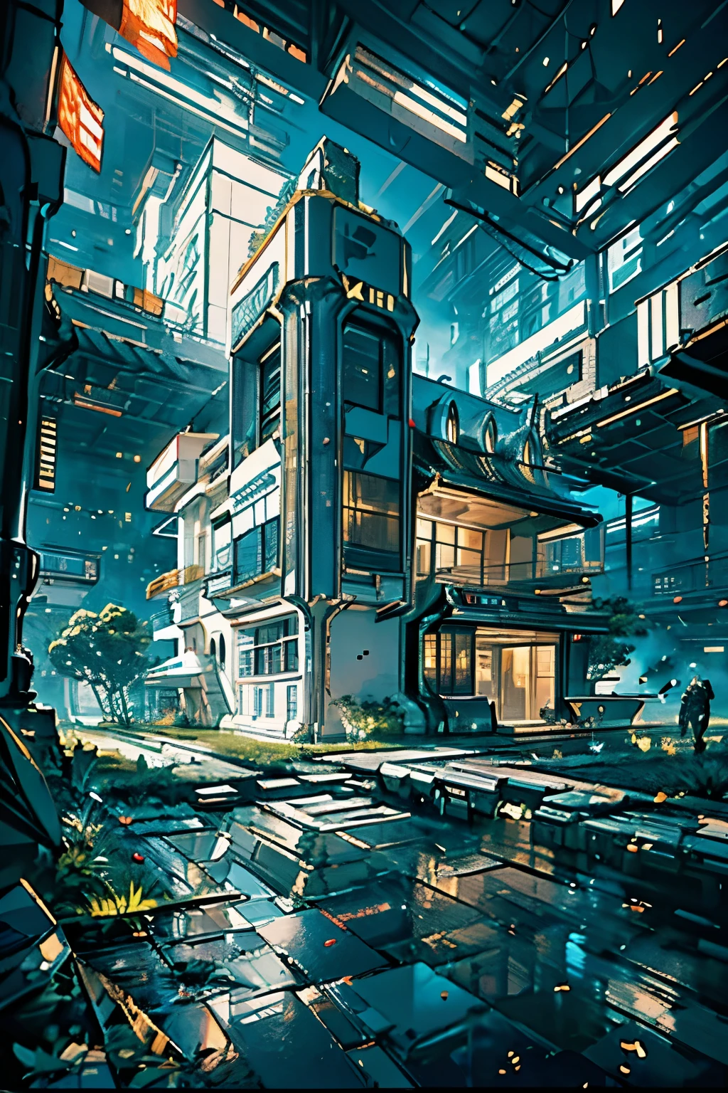 Futuristic American house, giant white house, house with gold details, cyberpunk style house, house of the future, large futuristic house, technology, giant H-shaped house, futuristic house in the shape of an "H"