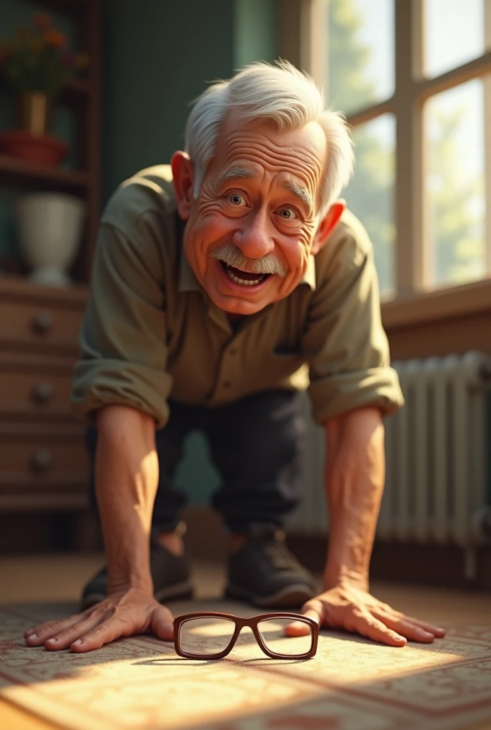 Older man without glasses on accidentally dropping glasses on the floor realistic