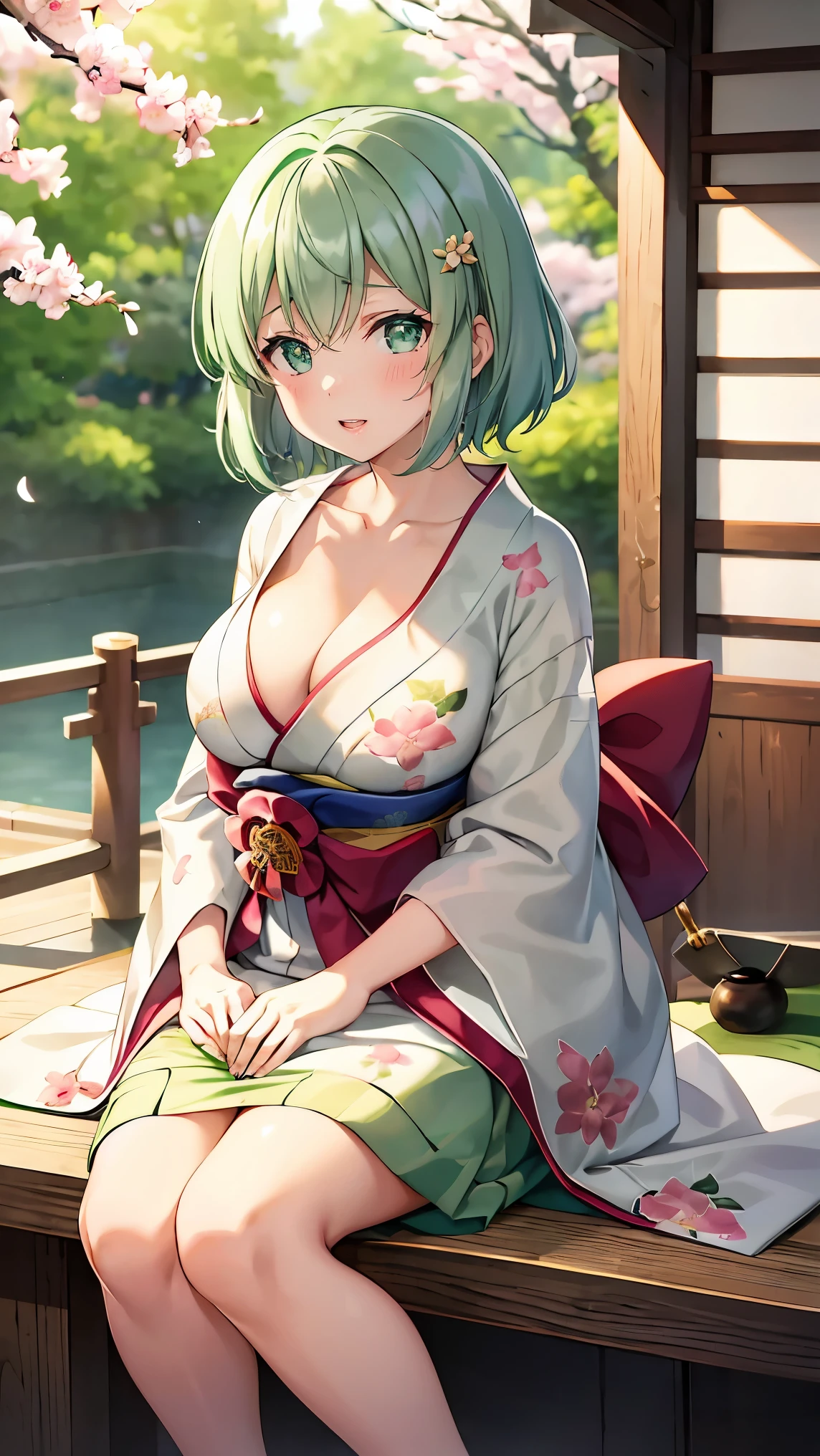 Short green hair, Small breasts, Green Eyes, White Casual Beauty Special、(((tits))),Full body photo from head to toe、Kimono、Patterned Japanese clothing、Cherry tree in full bloom、Fluttering petals、、Graceful Manners、Playing the shamisen、Playing in a Japanese-style room、play a sound、Japanese Instruments、Healing、Soothing